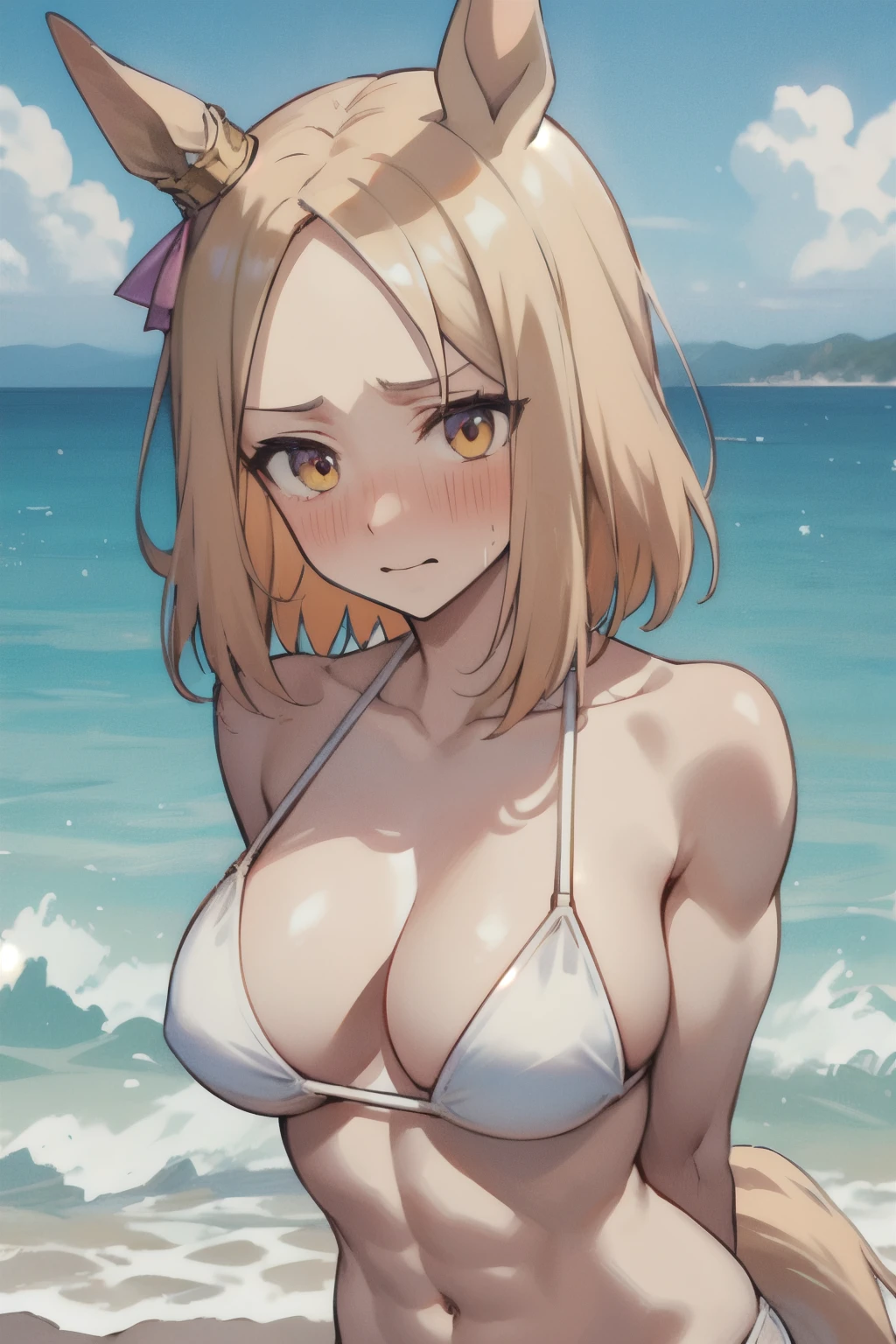 narita top road\(umamusume\), ultra-detailed face, masterpiece, best quality, front, upper body, muscular, white bikini, horse tail, embarrassed, large tits, sea, abs, arms behind back