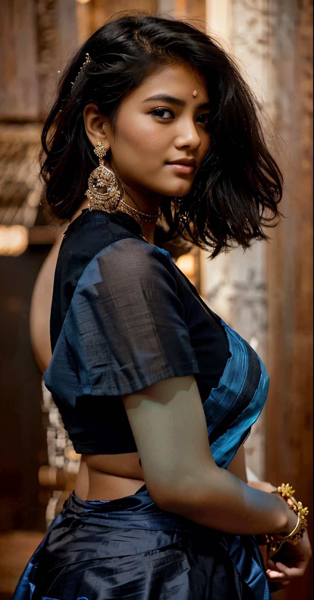 a woman in a black top and blue skirt posing for a picture, very beautiful enga style, very beautiful girl, traditional beauty, very beautiful photo, very seductive pose, very beautiful woman, candid photo, candid picture, very very beautiful woman, very extremely beautiful, sexy girl with dark complexion, assamese aesthetic, attractive girl, candid!! dark background