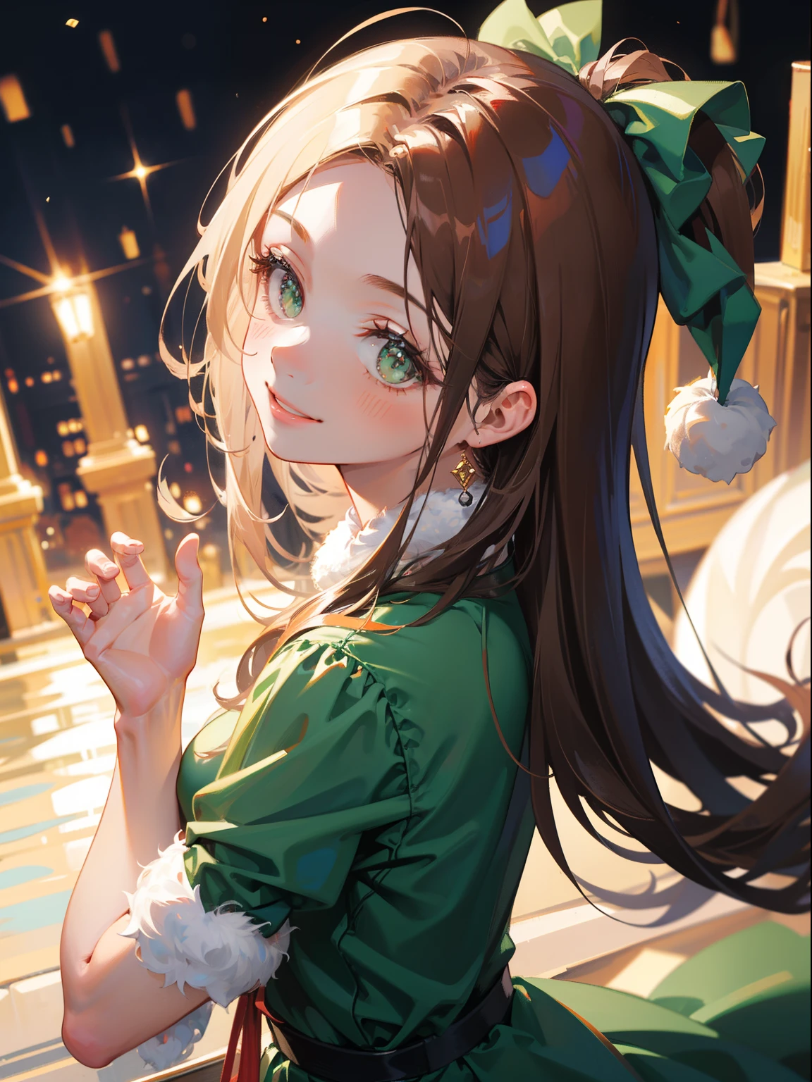 (masterpiece), best quality, ultra high res, sharp focus, a beautiful woman, brunette brown hair, long smooth flowing hair, looks at the viewer, facing to viewer, green eyes, smiles, santa dress