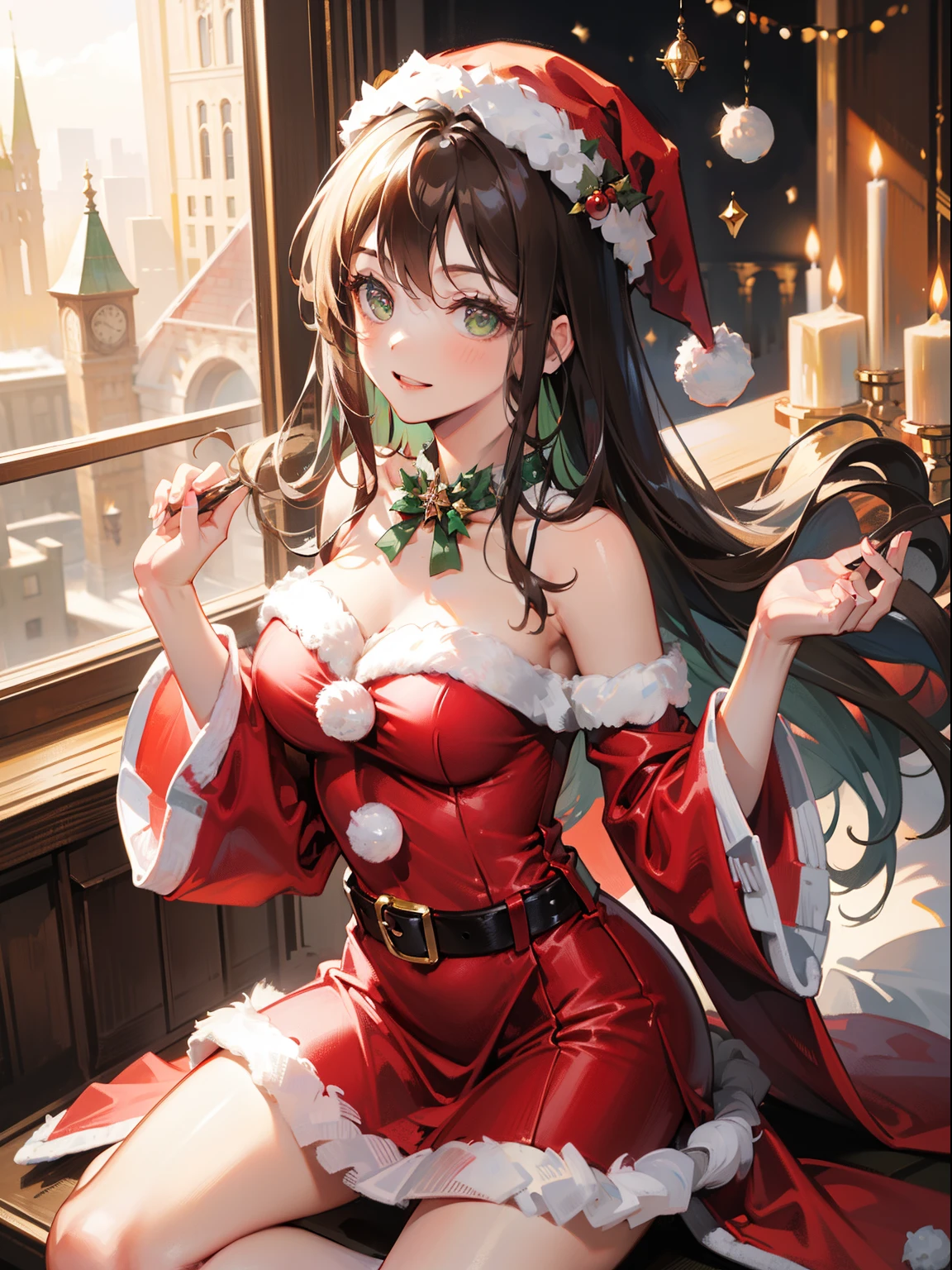 (masterpiece), best quality, ultra high res, sharp focus, a beautiful woman, brunette brown hair, long smooth flowing hair, looks at the viewer, facing to viewer, green eyes, smiles, santa dress