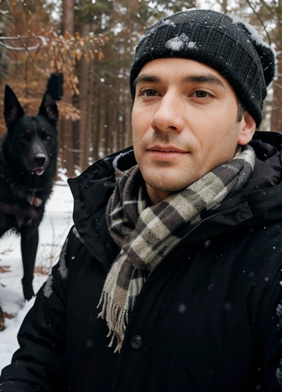 Man with a black dog in the winter forest, there is a black dog behind the man, snowing, Trees grow around, woods, detailed photo