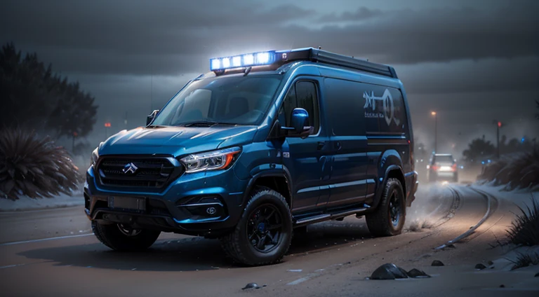 modern 4x4 off-road Midnight Blue color van, car render, realistic, 3D, digital billboard, point cloud, Unreal Engine 5, Keyshot, Octane, ArtStation trending, ultra high detail, ultra realistic, cinematic, 8K, Zaha Hadid style, nanospace, plastic material, dark atmosphere