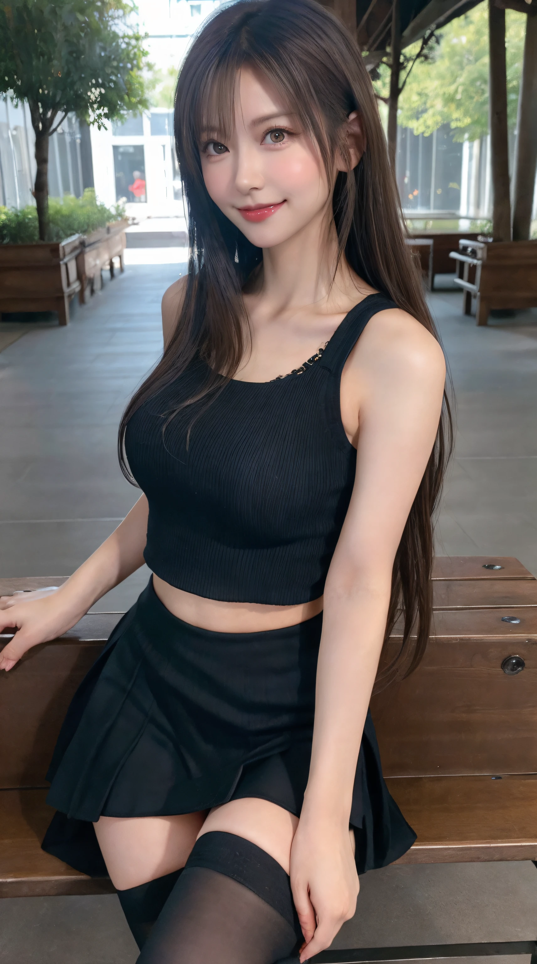 (Best Quality, masutepiece, Ultra HD: 1.3, High brightness, High color saturation), 1girl in, (middlebreasts), light brown hair, Asymmetrical hair, straight haired, Long hair, ( slender body shape, Constricted waist), (Ultra Fine Face), Delicate lips, (beautidful eyes), thin blush, eyes are brown, perfect glossy skin, View here, Smiling smile, ( hide one's hands), (Sitting on a bench), (thin and long legs, Thighs and toes:2.0), See-through white blouse, (Black enamel mini skirt*1.5), (Black stockings), (a japanese girl, hposing Gravure Idol), Broad-leaved forest, 135 mm, Fuji Film