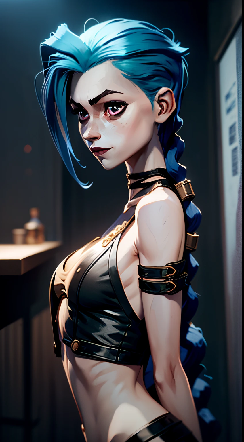 cleavage,(masterpiece, best quality), 1girl, beautiful face, makima, shirt, braid, braided ponytail, collared shirt, white shirt, necktie ,red purple eyes, Jinx weint vor der Kamera, Blaue Wolke Tattoo, (Meisterwerk, best quality), Seitliche Beleuchtung, beautiful detailed eyes, sad face), (best quality), (Meisterwerk), Magische Fotografie, Dramatische Beleuchtung, Fotorealismus, Ultra-detailliert, intimate portrait composition, Leica 50mm, Formel 1. 4,8K UHD, DSLR, aesthetic, Tsd., hight resolution, 8K, Beste Ausleuchtung, Bester Schatten, Ultra-HD, hight resolution, Scharfer Fokus, Komplizierter Hintergrund, Filmische Beleuchtung, ((Landschaftsansicht)), 4K-Einheit, (Beste Ausleuchtung), ((Filmische Beleuchtung)),