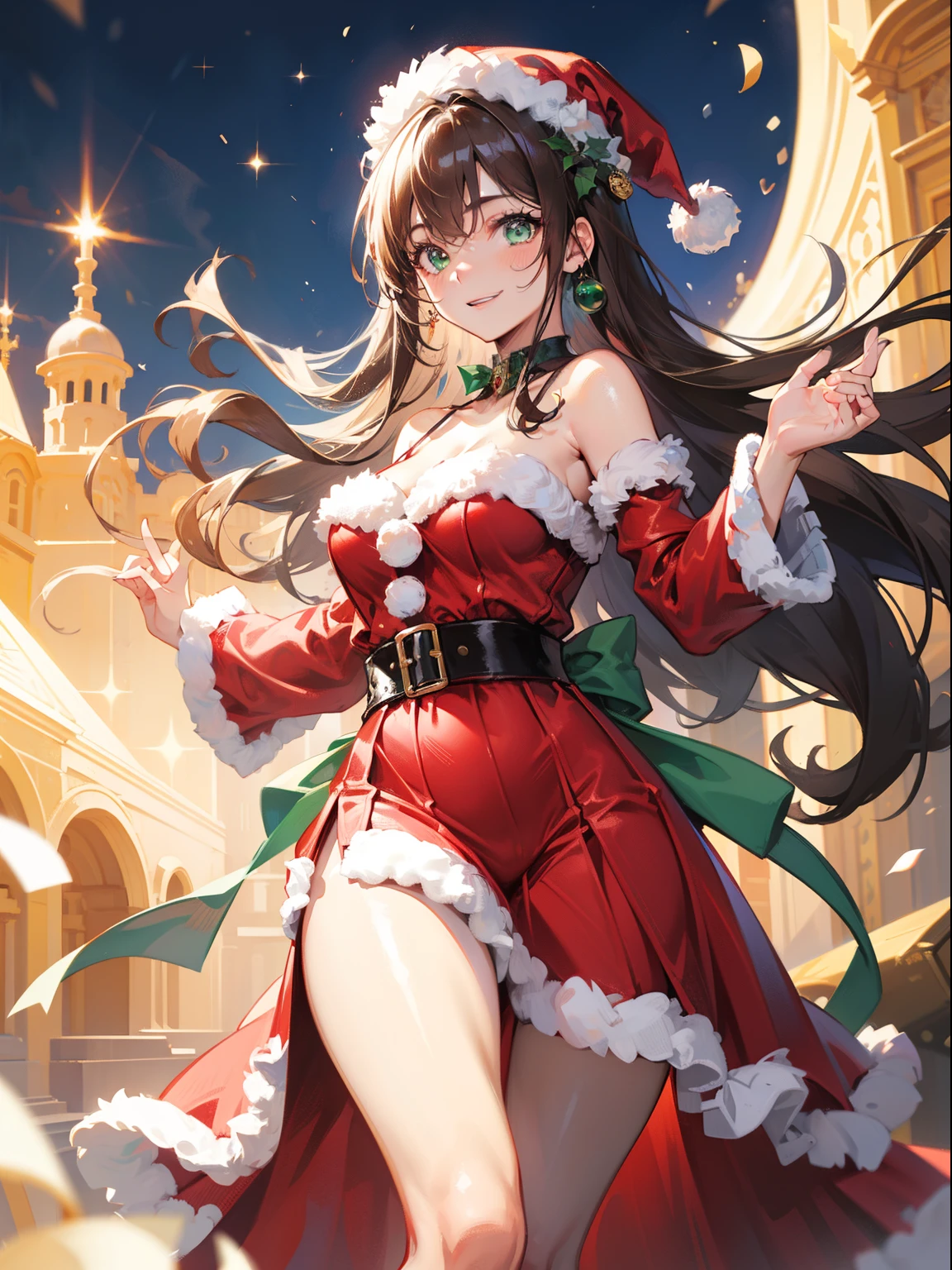 (masterpiece), best quality, ultra high res, sharp focus, a beautiful woman, brunette brown hair, long smooth flowing hair, looks at the viewer, facing to viewer, green eyes, smiles, santa dress