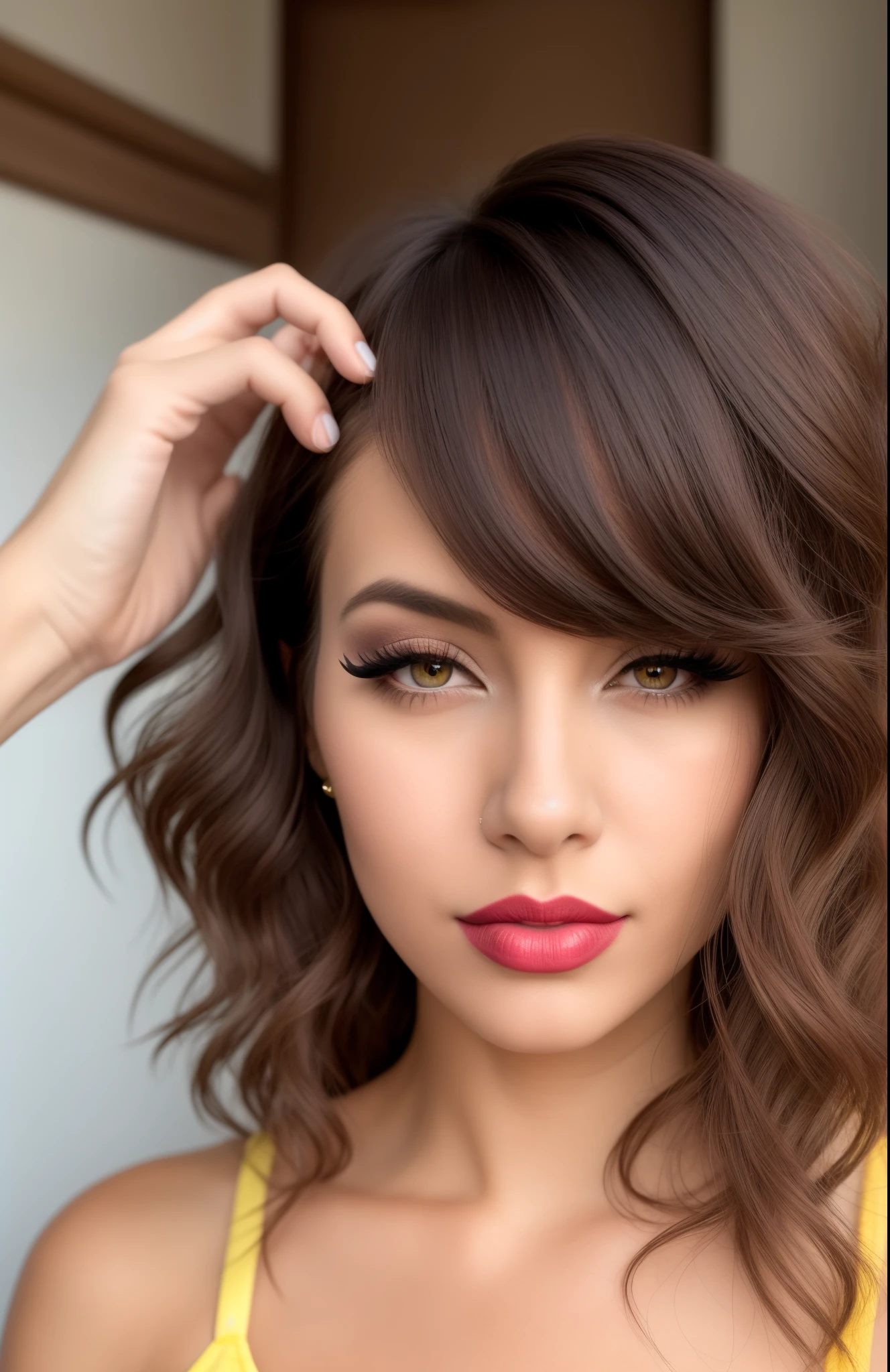 (detailed skin:1.2),(shiny skin:1.1),8k,best quality, masterpiece, ultra high res,(photorealistic:1.4), RAW photo,(soft saturation:1.3),(fair skin:1.2),1woman,gyaru,makeup,(lipstick:1.1),(eyeliner:1.2),mascara,eyeshadow, glamor, large breasts,yellow bra,blonde hair and brown hair, medium hair, asymmetrical hair, wavy hair, asymmetrical bangs,,mature woman,35year-old,tight skirt