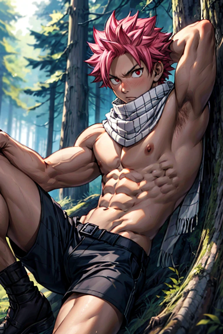 masterpiece, best quality red eyes, game cg, 1boy, solo, male focus, looking at viewer, upper body, Natsu Dragneel natsu_dragneel, pink hair, red eyes, shirtless naked, toned muscle, pectorals, 8 abs, toned legs, naked, slightly bulged, camping in forest, detailed, dynamic lighting, well lit, ((white scarf ))