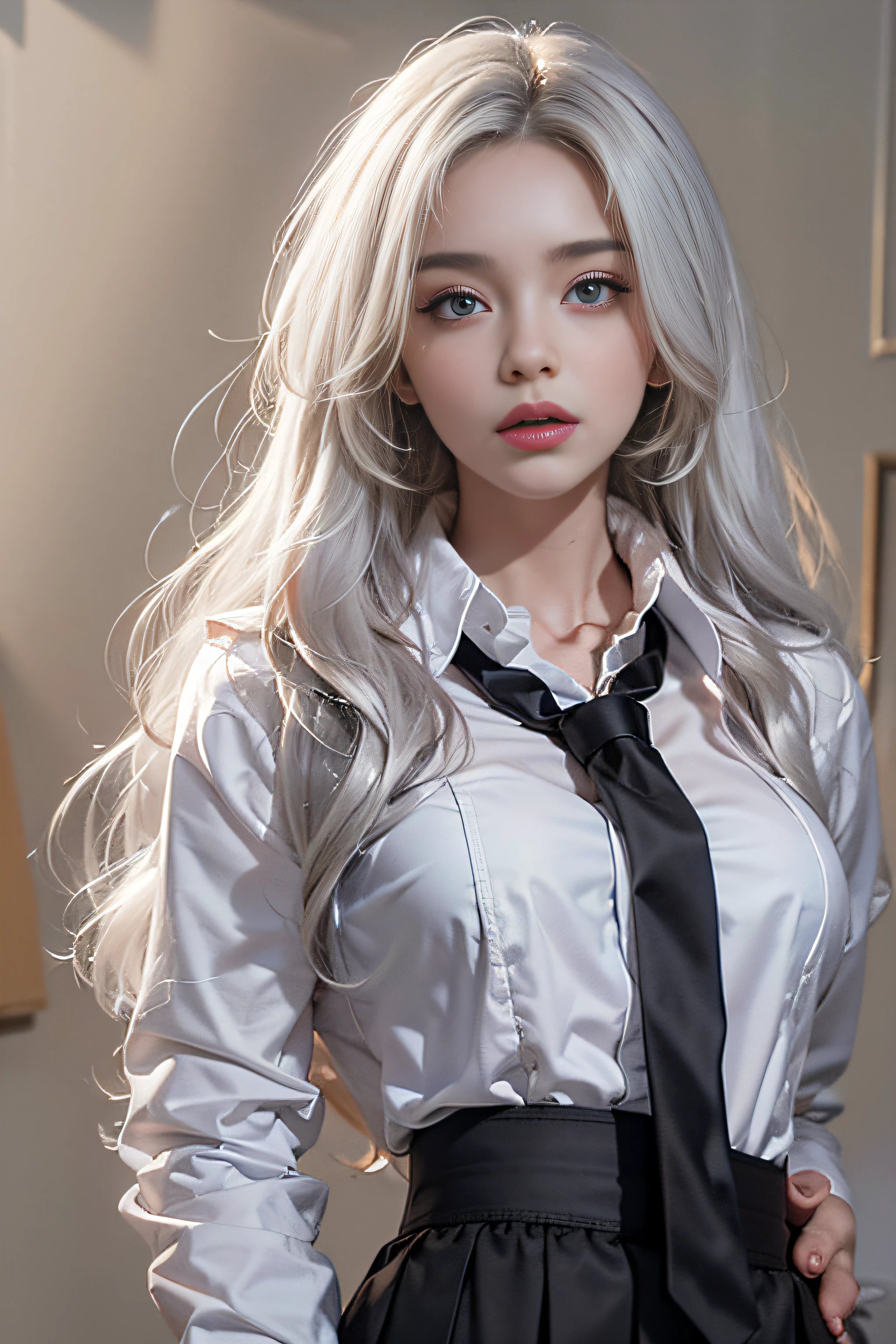 Photorealistic, High resolution, 1 Women, Solo, hips up high, Beautiful eyes, Close lips, Detailed face, White hair, Long hair, Collared shirt, black necktie,Black skirt, pencil skirts, Fur coat, Black stockings