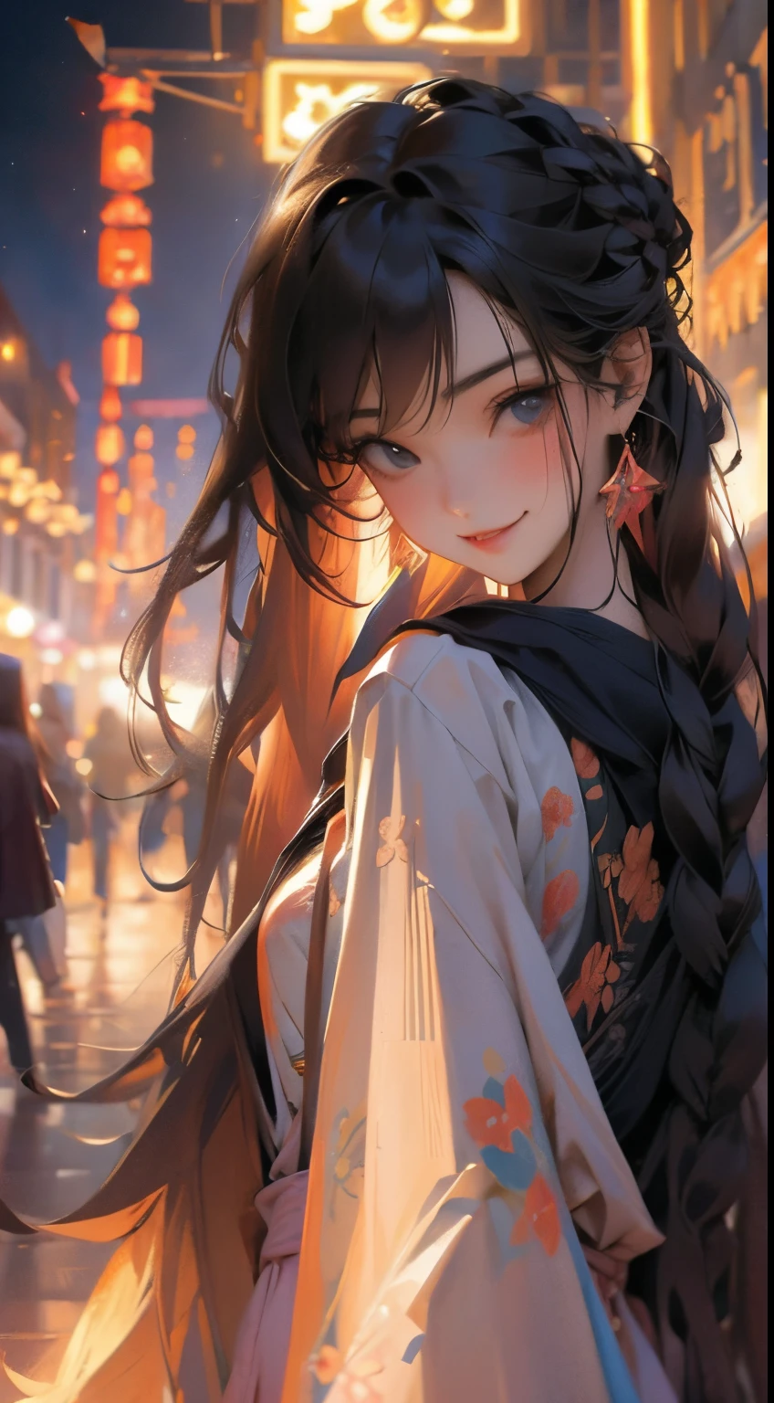 Estilo anime, noite, Sala de estar, Mulher adulta frontal ethinic random, hair multcolor aleathory, sorriso malicioso, walking in streets