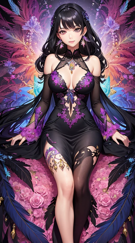 A female with medium breasts, slim body, cleavage, bare shoulders, black hair, colored flowers bed, particles, light rays, (masterpiece, top quality, best quality, official art, beautiful and aesthetic:1.2), (1girl:1.3), extremely detailed,(fractal art:1.1),(colorful:1.1)(flowers:1.3), highest detailed,(zentangle:1.2), (sitting pose), (abstract background:1.3), (shiny skin), (many colors:1.4), (earrings:1.4), (feathers:1.4), (tight silk dress:1.2), (shiny skin), (many colors:1.4), (earrings:1.4), proper eyes. slight smile, sweet, beautiful.
