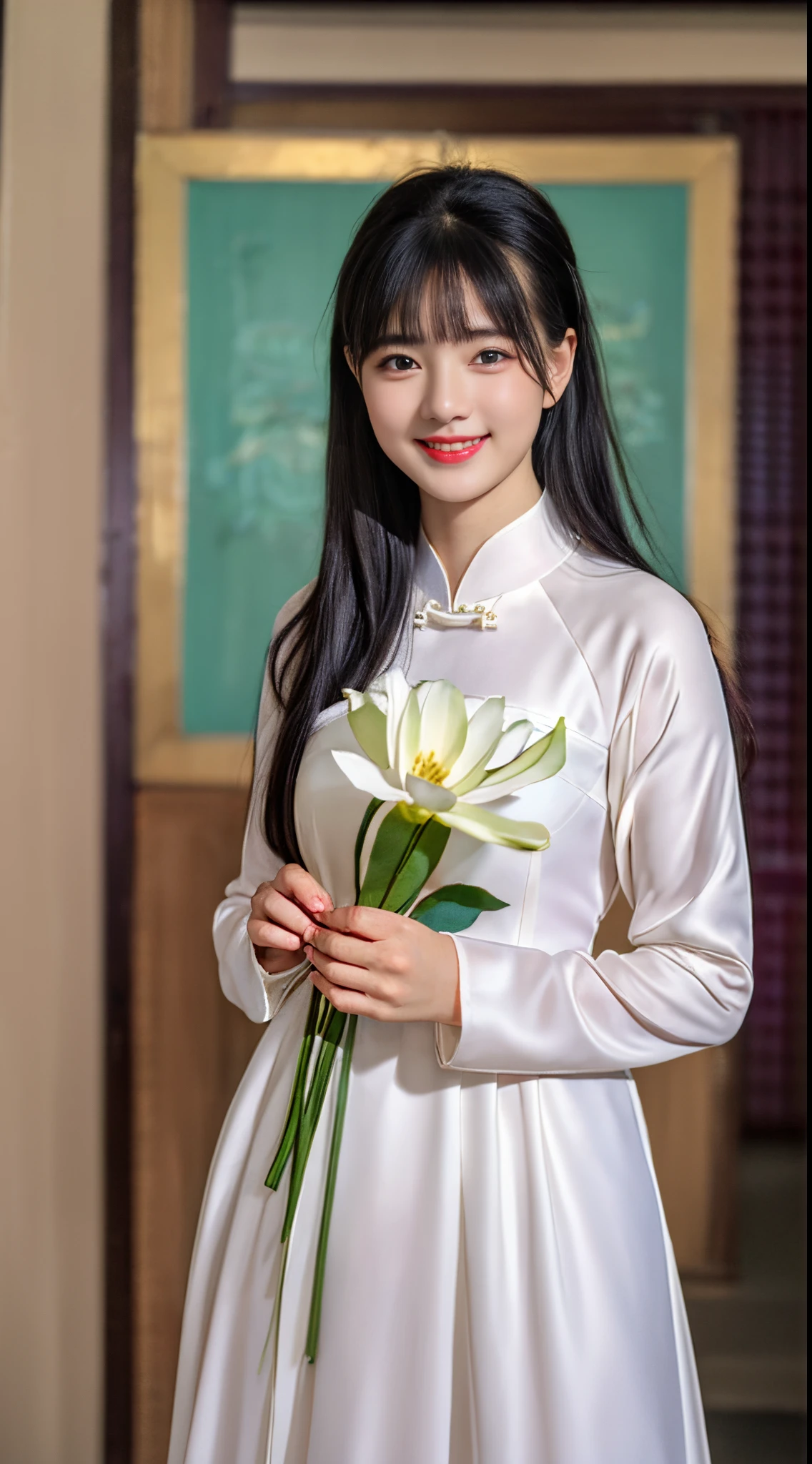 1girl, aodai yellow dress, photo art, (flower:1.2),a stunning photo with beautiful saturation, ultra high res,(realistic:1.4)),deep shadow,(best quality, masterpiece), pale skin, dimly lit, shade, flustered, blush, highly detailed, skinny, BREAK depth of field, film grain, wrinkled skin, looking at viewer, knee, warm smile, (upper body:1.2), masterpiece,ultra realistic,32k,extremely detailed CG unity 8k wallpaper, best quality