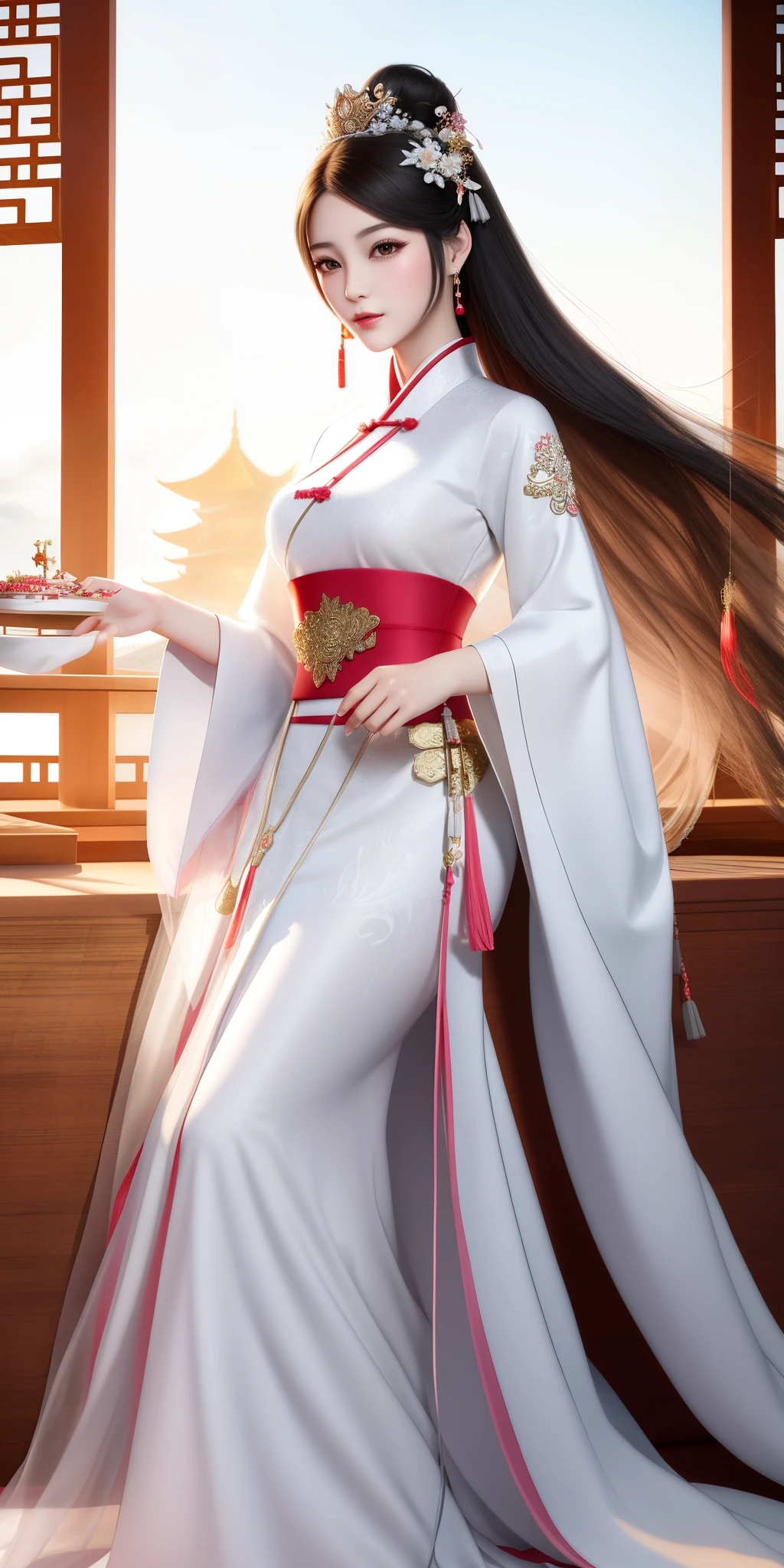 There is a woman in a white dress holding a plate，There&#39;s a cake on top，Concept art inspired by ancient An，CG Social Trends，number art，palaces，hanfugirl，The face is delicate，CGSTATION trends，Ancient Chinese clothing，white hanfu, Wearing ancient Chinese clothes, Belle peinture de personnage, Chinese outfit, Princesa chinesa antiga, China-style