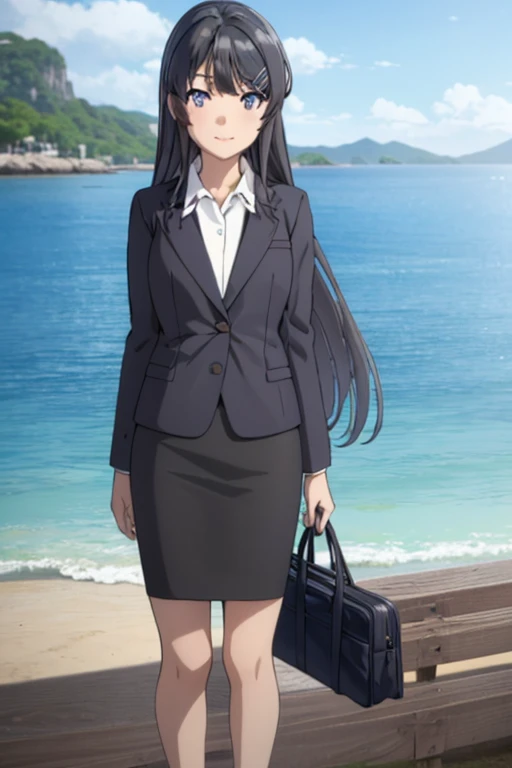 1girl, mai sakurajima, beach background, suit, office lady, black skirt, black blazer, pencil skirt, white shirt, long hair, teenager, looking at viewer, full body, smiling,