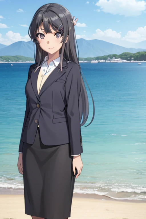 1girl, mai sakurajima, beach background, suit, office lady, black skirt, black blazer, pencil skirt, white shirt, long hair, teenager, looking at viewer, full body, smiling,