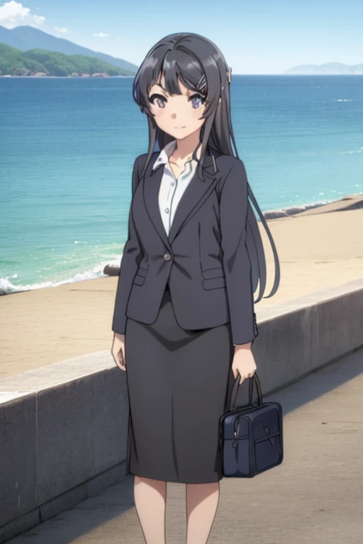 1girl, mai sakurajima, beach background, suit, office lady, black skirt, black blazer, pencil skirt, white shirt, long hair, teenager, looking at viewer, full body, smiling,