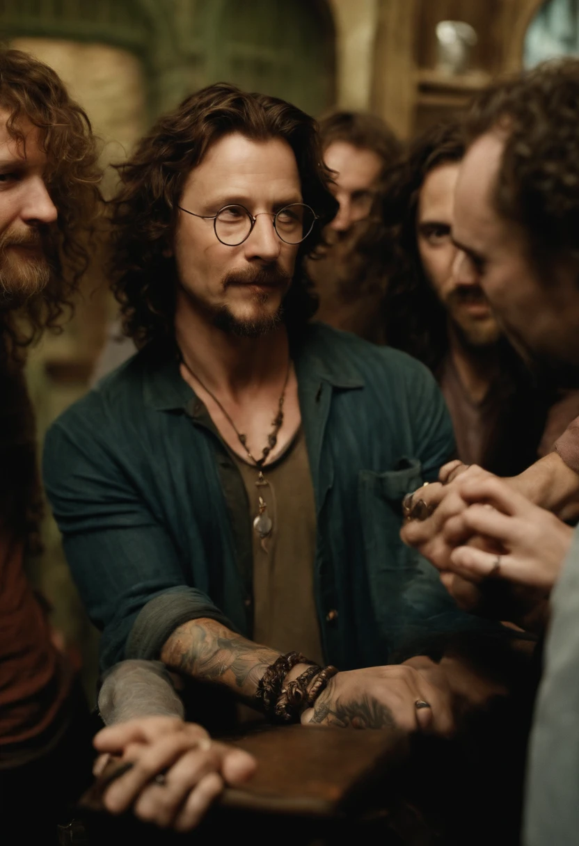 A photo of Sirius getting a new tattoo, surrounded by friends cheering him on.,Harry Potter and the Prisoner of Azkaban,Sirius is tall with shaggy curly brown hair, with brown eyes and a goatee. Famously portrayed by Gary Oldman, male