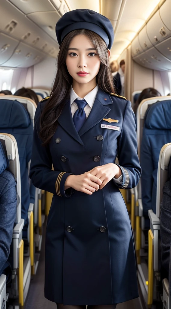 1Japanese woman, Solo, 30-years old, hyperdetailed face, Detailed lips, A detailed eye, Double eyelid both eyes, (Black bob hair, Like an airplane stewardess, Do a good job), (Like an airplane stewardess:1.2), (Do a good job:1.2), (Dark blue one-color stewardess uniform:1.4), (Wear a sSmall cute little stiward hat:1.2), (Modest:1.2), Perfect image realism, Background with: (Business Class aisle on airplanes:1.2), Meticulous background, detailed costume, Perfect litthing, Hyper-Realism, (Photorealistic:1.4), 8K maximum resolution, (​masterpiece), Highly detailed, Professional