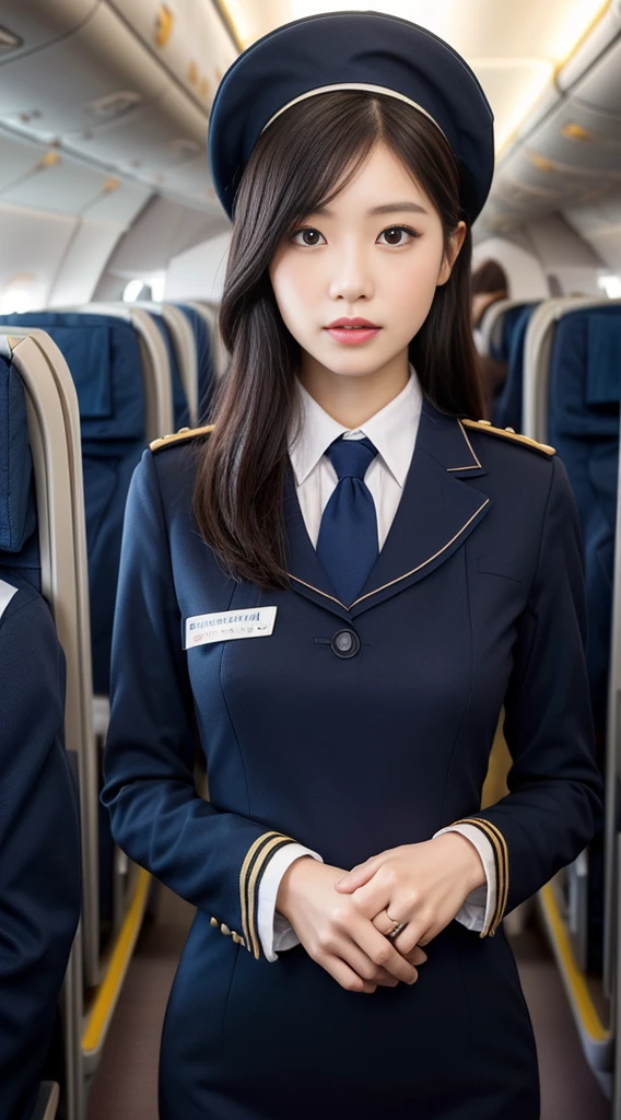1Japanese woman, Solo, 30-years old, hyperdetailed face, Detailed lips, A detailed eye, Double eyelid both eyes, (Black bob hair, Like an airplane stewardess, Do a good job), (Like an airplane stewardess:1.2), (Do a good job:1.2), (Dark blue one-color stewardess uniform:1.4), (Wear a sSmall cute little stiward hat:1.2), (Modest:1.2), Perfect image realism, Background with: (Business Class aisle on airplanes:1.2), Meticulous background, detailed costume, Perfect litthing, Hyper-Realism, (Photorealistic:1.4), 8K maximum resolution, (masterpiece), Highly detailed, Professional