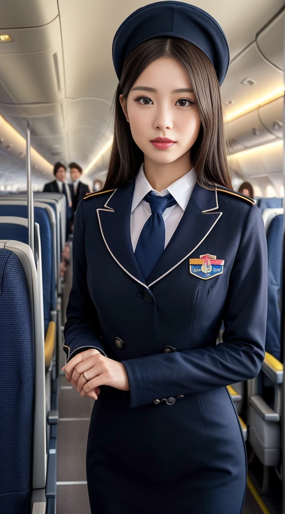 1Japanese woman, Solo, 30-years old, hyperdetailed face, Detailed lips, A detailed eye, Double eyelid both eyes, (Black bob hair, Like an airplane stewardess, Do a good job), (Like an airplane stewardess:1.2), (Do a good job:1.2), (Dark blue one-color stewardess uniform:1.4), (Wear a sSmall cute little stiward hat:1.2), (Modest:1.2), Perfect image realism, Background with: (Business Class aisle on airplanes:1.2), Meticulous background, detailed costume, Perfect litthing, Hyper-Realism, (Photorealistic:1.4), 8K maximum resolution, (masterpiece), Highly detailed, Professional