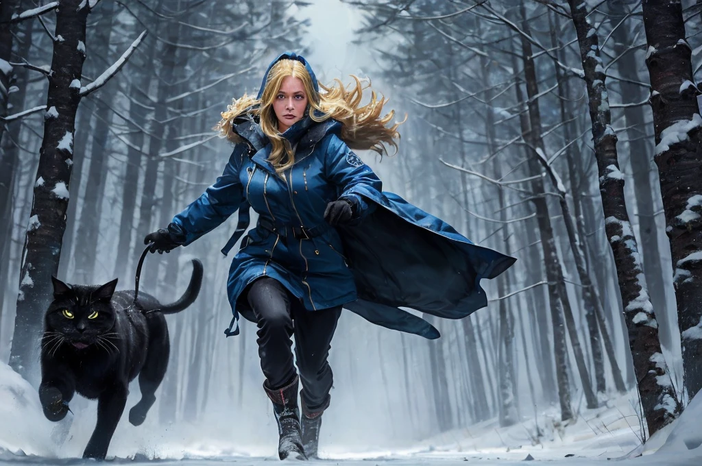 Classic horror painting. Blonde woman with angular face and piercing blue eyes, wearing a bulky old-style hooded parka, running toward the viewer through a snow storm in a birch forest at night. BREAK. One monstrous shaggy black cat with burning blue eyes leaps toward her.