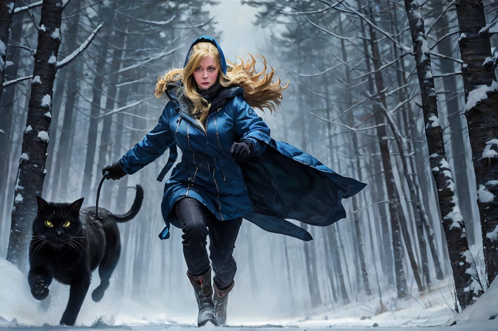 Classic horror painting. Blonde woman with angular face and piercing blue eyes, wearing a bulky old-style hooded parka, running toward the viewer through a snow storm in a birch forest at night. BREAK. One monstrous shaggy black cat with burning blue eyes leaps toward her.