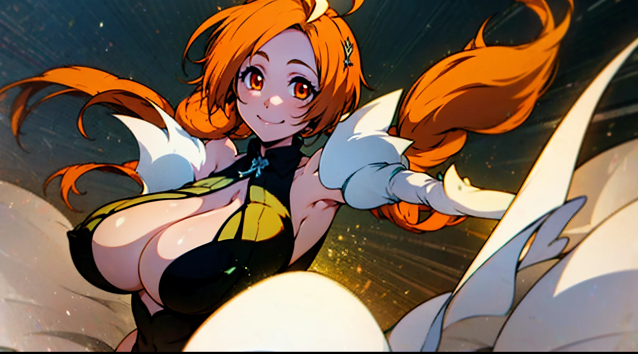 Wallpaper , 1 girl, game CG, see-through black leotard, cleavage visible, sideboob, devil horn headband, hair ribbon, gigantic breasts, orange hair, long hair, twintails, princess hairstyle, ahoge, brown glowing eyes, smile
