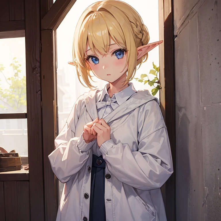(((1girl)))、Blonde Elf Girl、short-cut、12year old、Sweaters、Bust-up shot、Fantasia、In front of the white wall