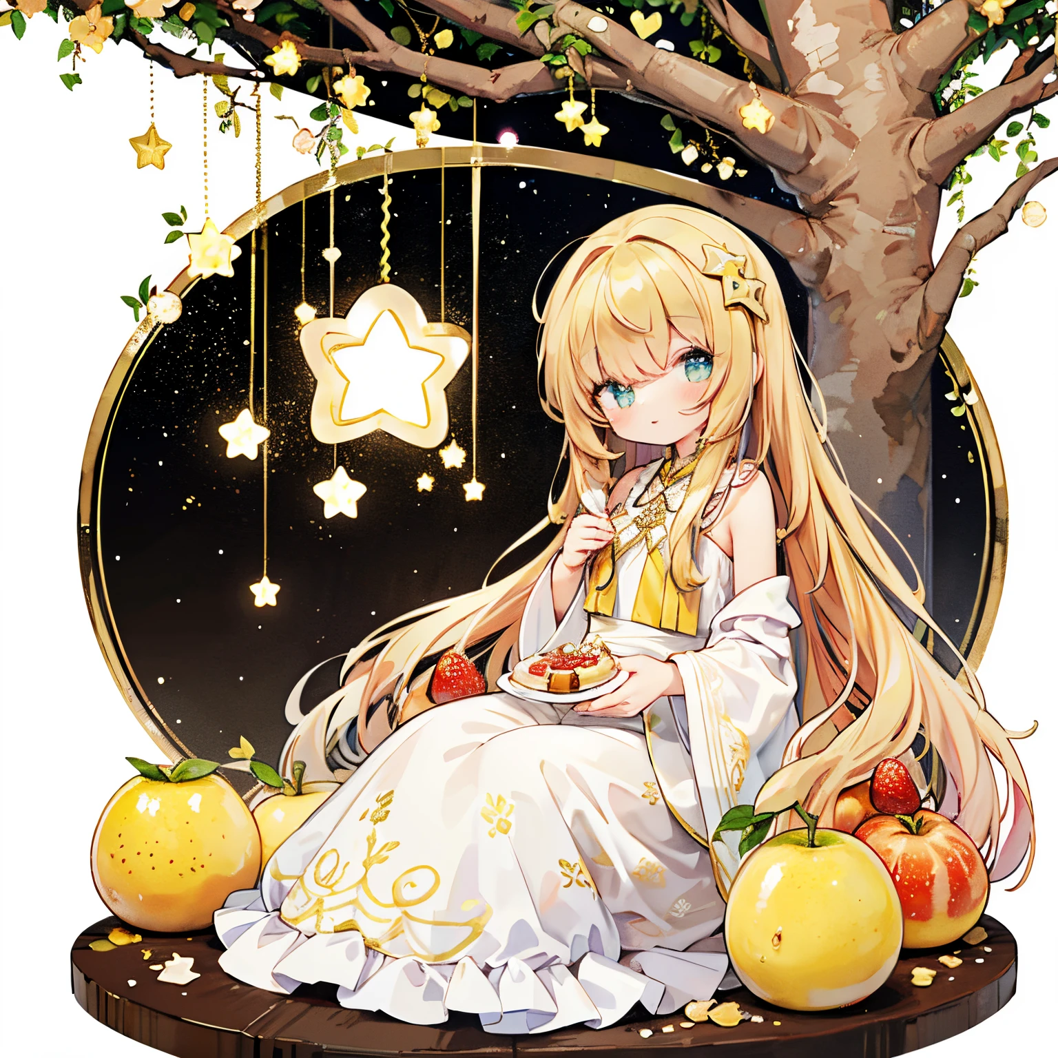 Transparent watercolor,girl with,Jewel Eyes,Beautiful arrangements and motifs、Originality、depth of fields , Fantastic, Transparency、Fashionable pudding、sit on a big pudding、Caramel hair、The roots of the hair are brown、(yellow hair tips)、pudding motif、background yellow pop、colorful stars、Pop image、Happy smile、whipped cream、many fruits floating in the air、Pudding、🍮