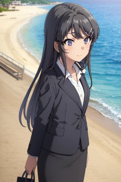 1girl, mai sakurajima, beach background, suit, office lady, black skirt, black blazer, pencil skirt, white shirt, long hair, teenager, looking at viewer, full body, smiling,