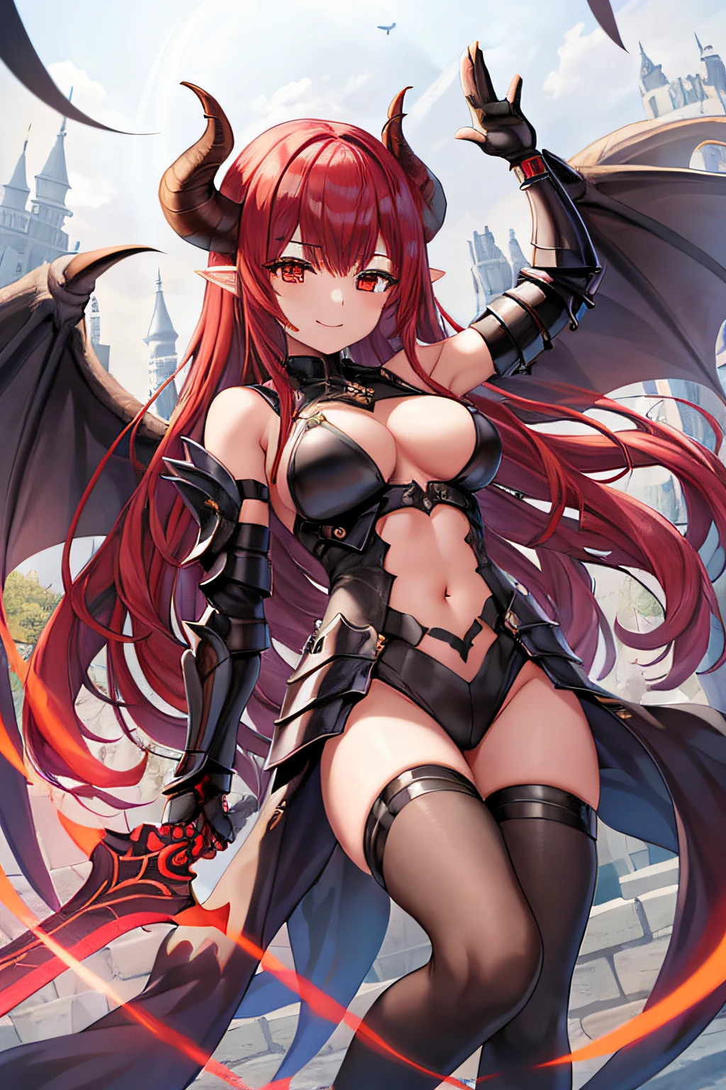 Diabolical、Knights、Western armor、armor、foot armor、long boots、nffsw、No shoulder、arm guards、knee high、tights、large wings on the back、horns on head、Black feathers、Devil's Wings、Red hair、The long-haired、Navel、Colossal tits、Raise your sword、Great sword、Eye Highlights、天空、云、deph of field,Top image quality、Beautifully Aesthetic:1.2)、(1girl in:1.3)、stupendous、细致背景、A smile