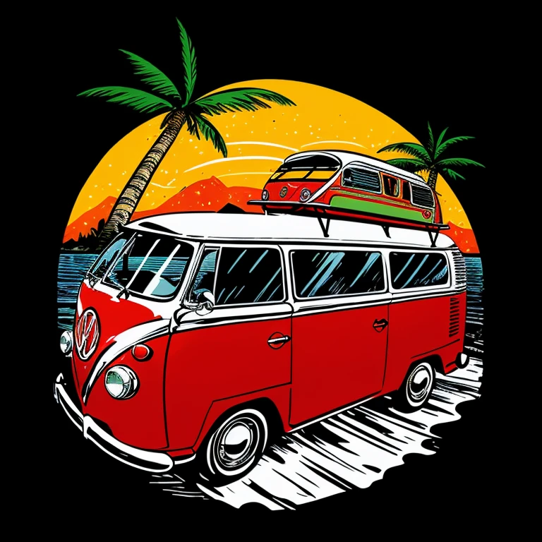 uma van vermelha e branca com pranchas de surf em cima, Vehicle illustration, Carrinha, Viagem emocionante, Retro illustration, vw microbus driving, microbus, Viagem, hot summertime hippie, VectorArt detalhado, 🪔 🎨;🌞🌄, in illustration style digital, full-colour illustration, Very detailed illustration, Cartoon style illustration, hd illustration