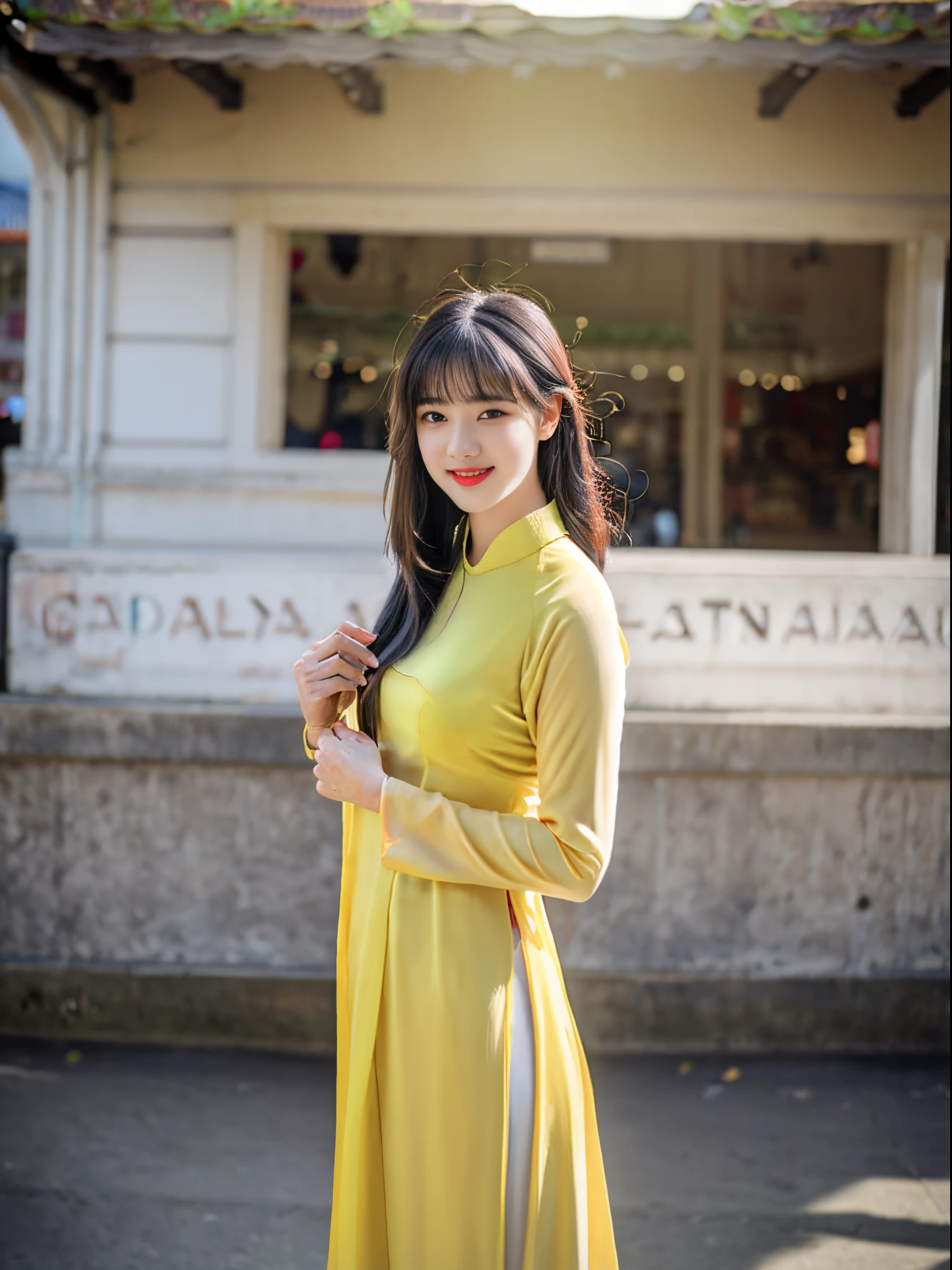 1girl, aodai yellow dress, photo art, (flower:1.2),a stunning photo with beautiful saturation, ultra high res,(realistic:1.4)),deep shadow,(best quality, masterpiece), pale skin, dimly lit, shade, flustered, blush, highly detailed, skinny, BREAK depth of field, film grain, wrinkled skin, looking at viewer, knee, warm smile, (upper body:1.2), masterpiece,ultra realistic,32k,extremely detailed CG unity 8k wallpaper, best quality