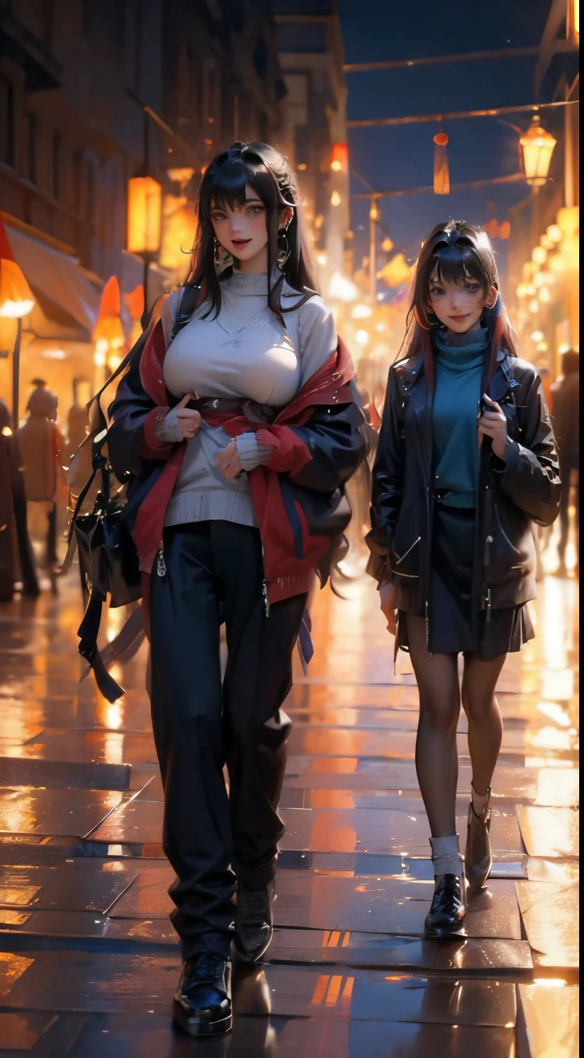 Estilo anime, noite, Sala de estar,  Mulher adulta frontal ethinic random, hair multcolor aleathory, sorriso malicioso, walking in streets