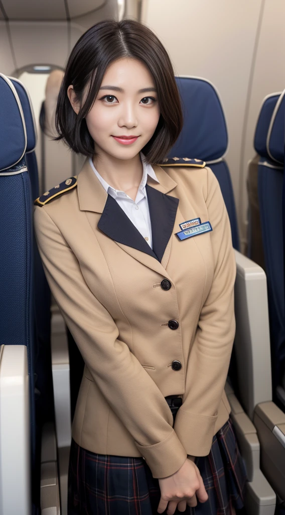 1Japanese woman, Solo, 30-years old, (Cabin Attendant Uniform:1.3), Smile, fluffy brown eyes, Beautiful face, Black short hair, (Detailed face), Detailed lips, Detailed face, Detailed chest, detail, Perfect body, Standing, Cowboy Shot, ((Background: in an airplane)), 8K, of the highest quality, Intricate details, Ultra Detail, Ultra High Resolution, masutepiece,