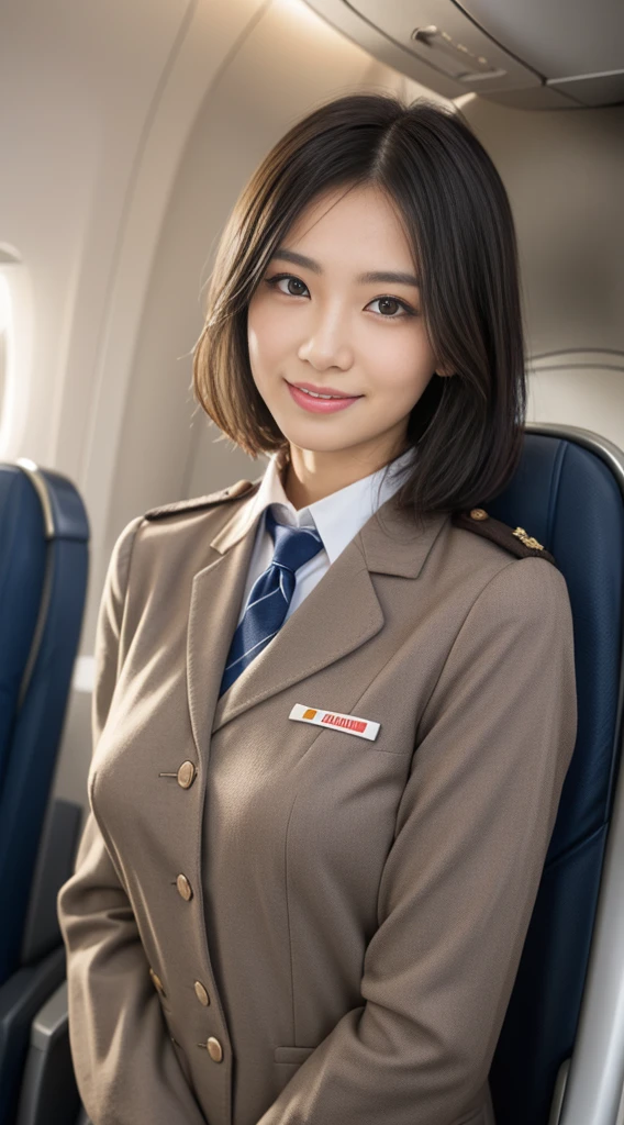 1Japanese woman, Solo, 30-years old, (Cabin Attendant Uniform:1.3), Smile, fluffy brown eyes, Beautiful face, Black short hair, (Detailed face), Detailed lips, Detailed face, Detailed chest, detail, Perfect body, Standing, Cowboy Shot, ((Background: in an airplane)), 8K, of the highest quality, Intricate details, Ultra Detail, Ultra High Resolution, masutepiece,