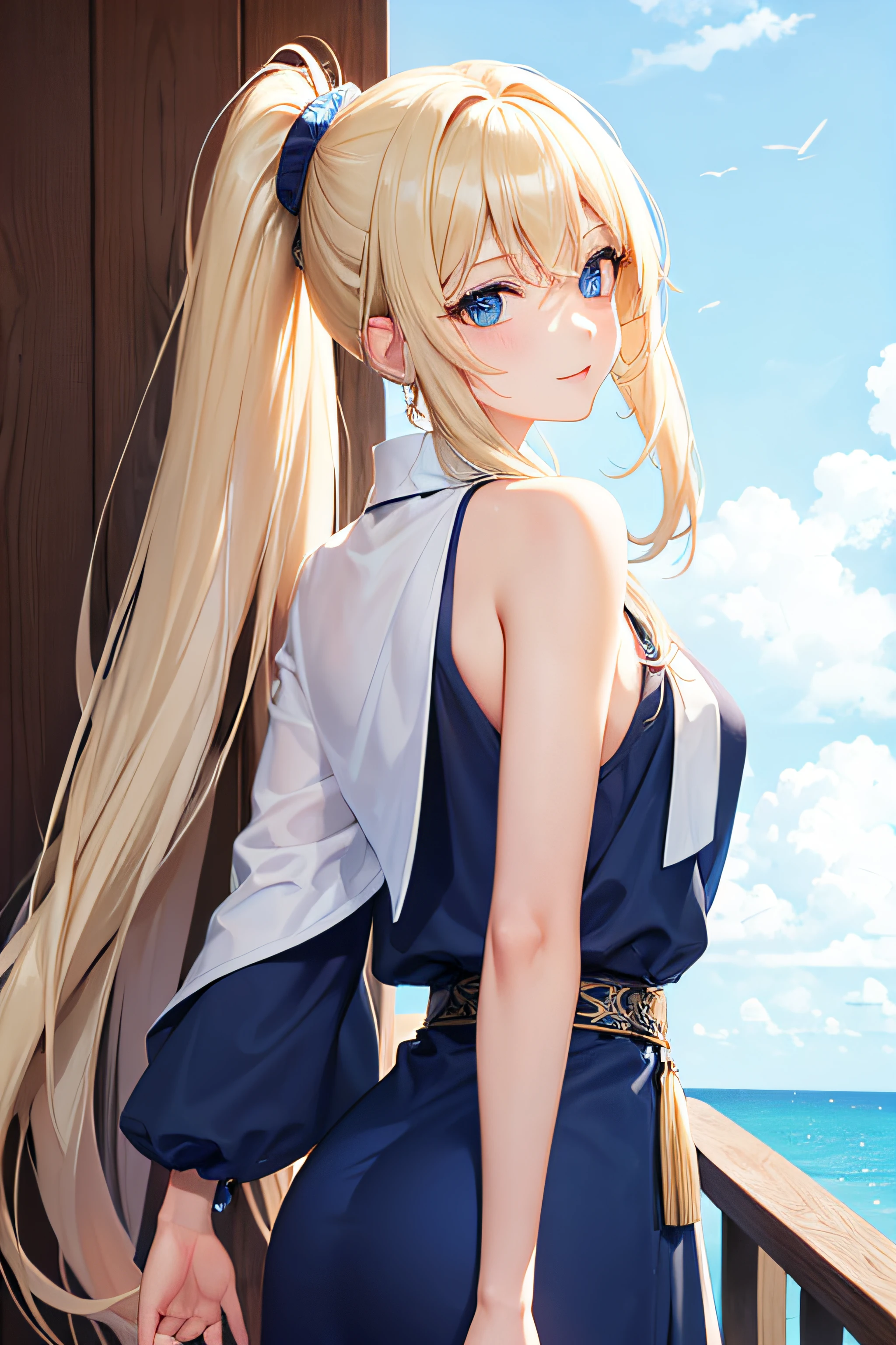 Long ponytail, blue eyes, blonde