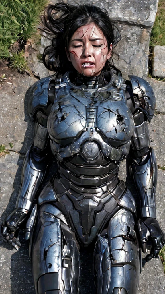 ((Lie on your back on the ground))((Full Body Shot))Middle-aged women Sweaty face、Black Weight Robot Suit、full black armor, Black Hair、Heavy Cyborg、Drenched face and hair Sweaty face、、Spread your legs、((Heavily damaged armor))、Open your mouth、Armor peels off Exposed internal mechanical、((Drooling from the mouth..)) Sexy Eyes Cracks in the ground、Bleeding from the mouth、The whole body is damaged Naughty expression、Blood from the body close your eyes water from crotch