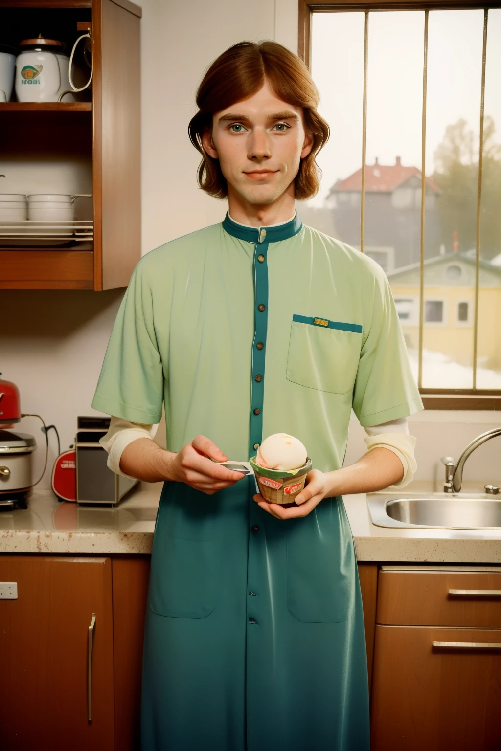 19866, Dubuque, Iowa. Pre-raphaelite 25-year-old norwegian-irish man, too thin, skinny, sick, (((sad smile))), kitchen, icecream, ((((clothing from the 1960s)))), ((straight Hairstyle of the 1960s)), ((Wes Anderson cinematic style)), colorful