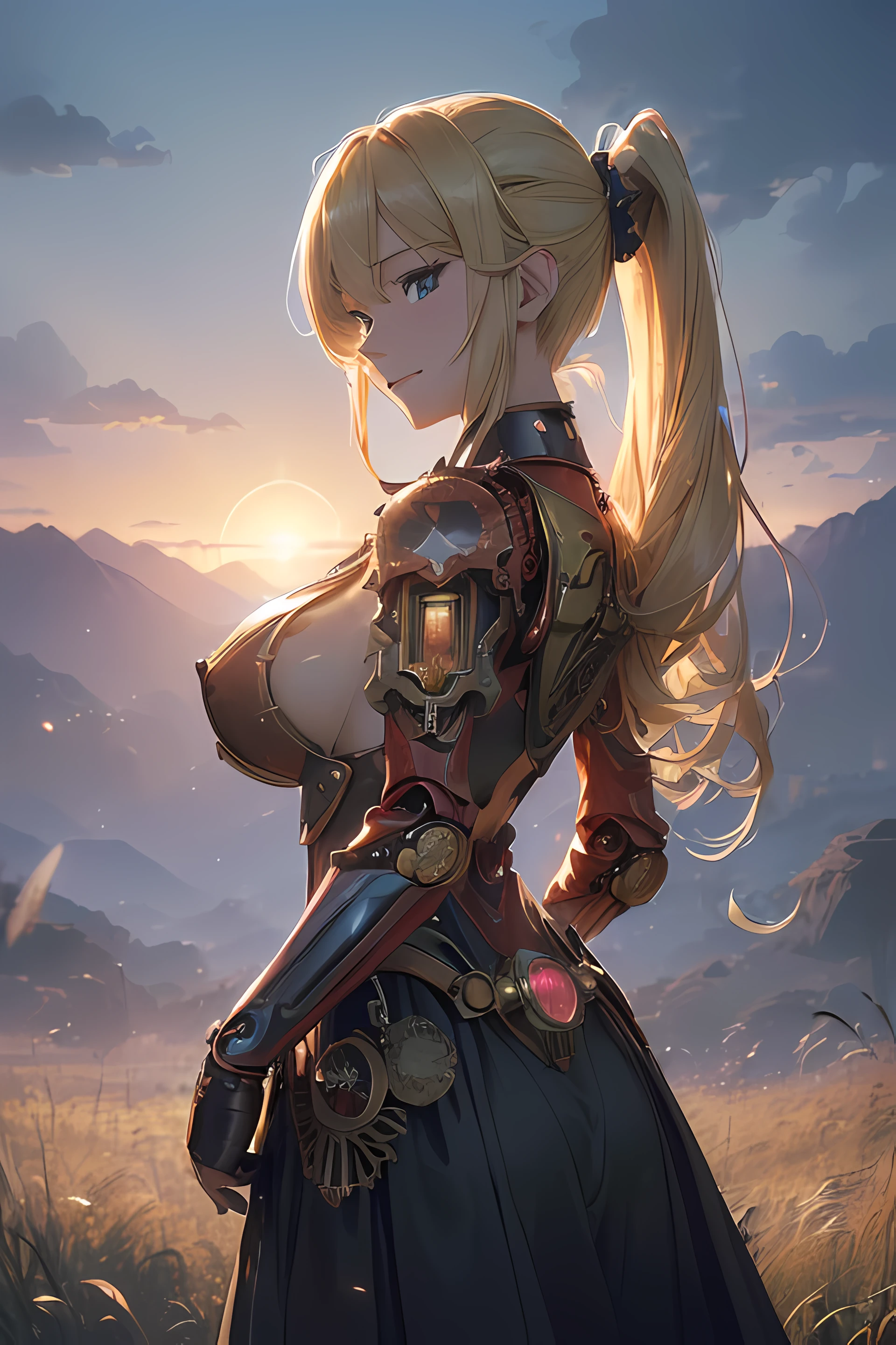 A beautiful woman, ((((realistic oil art, 46-year-old Empress, vibrant look, ((red mecha, steampunk mecha, steampunk cloth)), top of the mountain, 1girl, masterpiece, extremely detailed, (beautiful detailed glow), lens flare, sunrise, clouds, backlighting, (blue sky), gradient sky, female mecha, golden mecha, armor ornament, black details, deep red color cloth, gold color ornament, holding a steampunk weapon
, light from behind, shadow on the figure, smile, laughter, standing in the distance, looking at the viewer, full-length
, elegance under the sun, hair ornament, movement motion, image look alive, perfect body figure, very big breast, very big ass, beautiful face, milf, royal, blond color hair, blue eyes, ponytail hair style, beautiful skin, Extremely details hair, fine details, cinematic lighting, beautiful lighting effect, creative design, full body frame, divine aura, hard harmony , shining light, perfect color transition, perfect balance of contrast, perfect color layer, perfectly smooth color blur, soft rendering, smooth color stroke, moon glare, optic lens, moonlight ray, soft colors, smooth colors blend, perfect color rendering, harmony, perfect color harmony, beautiful color, soft harmony, light particles, perfect details, intricate details, color prism, fine details, refine details, intricate clothes details, fine clothes, smooth fabric clothes texture, different angle))), Tachibana Omina art style, affectionate eyes, half a smile, slightly open mouth, a gentle expression on his face, serene scenery of grassland under the sun, grass floating around, calm, breeze and sunlight in the background, butterflies in the sky, realism, ((Best quality))),8k,((Masterpiece)),(Extremely refined and beautiful)