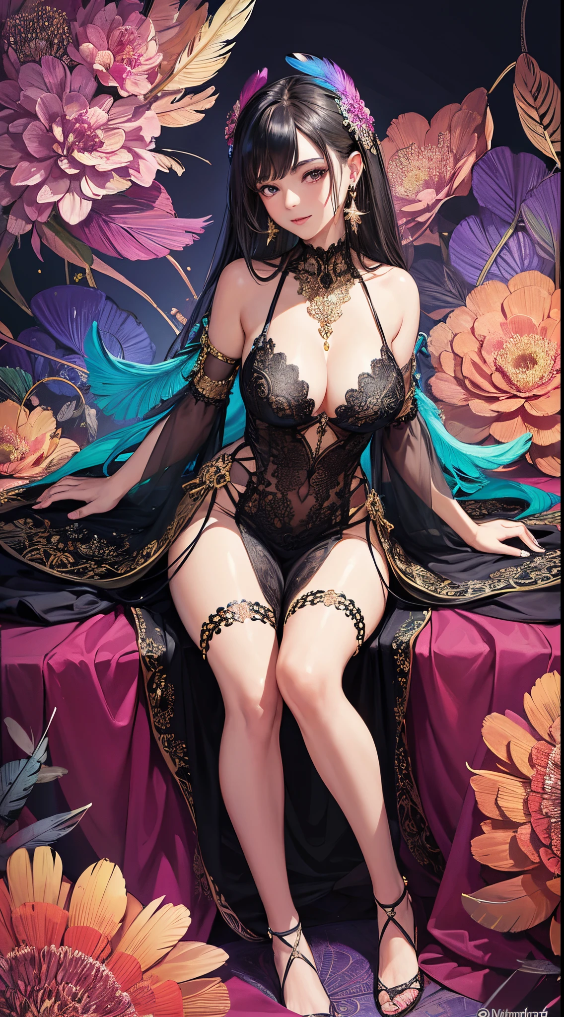 A female with medium breasts, slim body, cleavage, bare shoulders, black hair, silk bed, flowers, particles, light rays, (masterpiece, top quality, best quality, official art, beautiful and aesthetic:1.2), (1girl:1.3), extremely detailed,(fractal art:1.1),(colorful:1.1)(flowers:1.3), highest detailed,(zentangle:1.2), (sitting pose), (abstract background:1.3), (shiny skin), (many colors:1.4), (earrings:1.4), (feathers:1.4), (tight laced dress:1.2), (shiny skin), (many colors:1.4), (earrings:1.4), proper eyes, smile, sweet, beautiful.