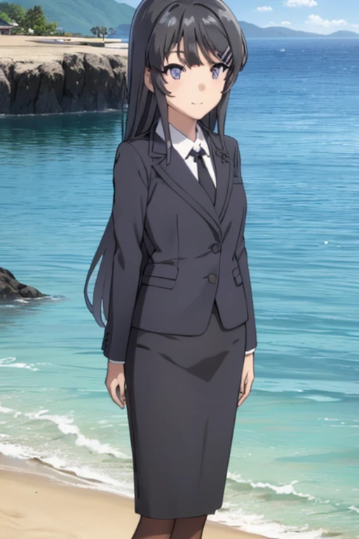 1girl, mai sakurajima, beach background, suit, office lady, black skirt, black blazer, pencil skirt, white shirt, long hair, ager, looking at viewer, full body, smiling,