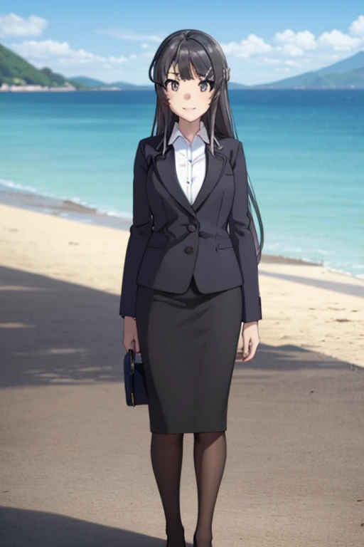 1girl, mai sakurajima, beach background, suit, office lady, black skirt, black blazer, pencil skirt, white shirt, long hair, teenager, looking at viewer, full body, smiling,