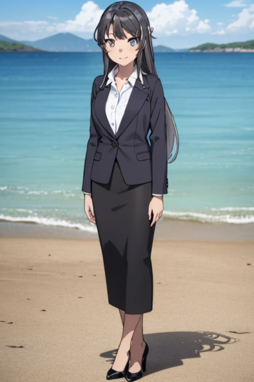 1girl, mai sakurajima, beach background, suit, office lady, black skirt, black blazer, pencil skirt, white shirt, long hair, teenager, looking at viewer, full body, smiling,