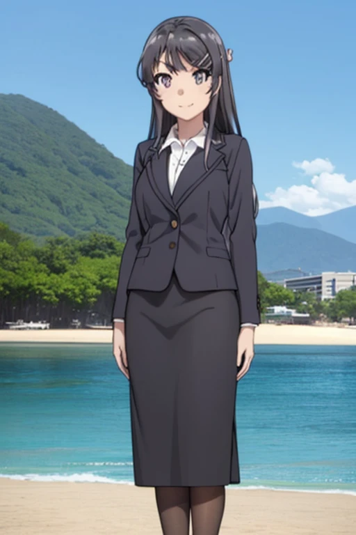 1girl, mai sakurajima, beach background, suit, office lady, black skirt, black blazer, pencil skirt, white shirt, long hair, teenager, looking at viewer, full body, smiling,