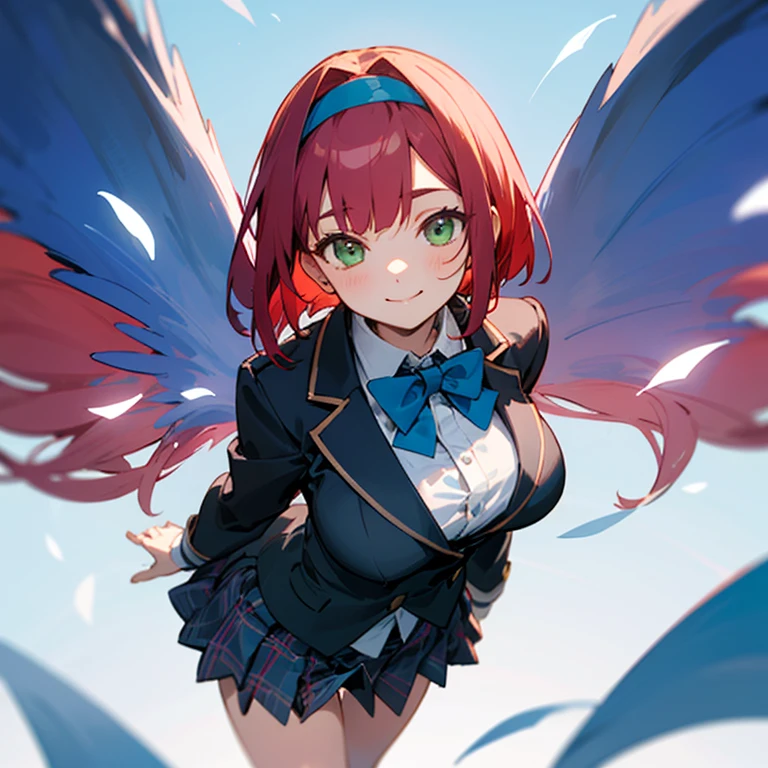 teens girl,Smile faintly,Red Short Bob,Green eyes,large full breasts,Black Blazer School Uniform,Bow tie on chest,light blue bowtie,Hair band on the head,Wearing a hair band,plaid skirts,Fluttering skirt,Light blue panties under the skirt,Dynamism,Active,The background is only a blue sky,Looking up from under your feet