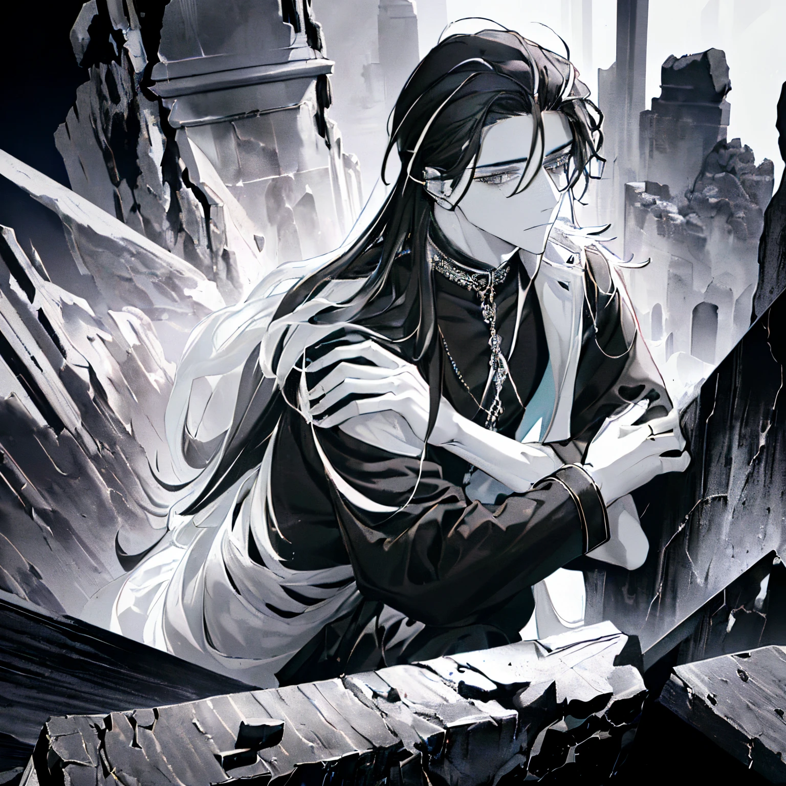 ((A ruined city full of rubble)),(After the war),((Vast landscape full of rubble)),(Gorgeous and sacred costume like a god),((long hair touching the ground)),((White and black hair)),(Lifeless eyes),((Look at me with a soft smile)),((I'm inviting you with open arms)),(Mouth slightly open),((black and white eyes)),((Monochrome world)),((Black,Gray,light)),((Jewelry featuring many jet black and pure white gemstones)),((hug)),((Front view)),(Sharp eye light),(((Adult male))),