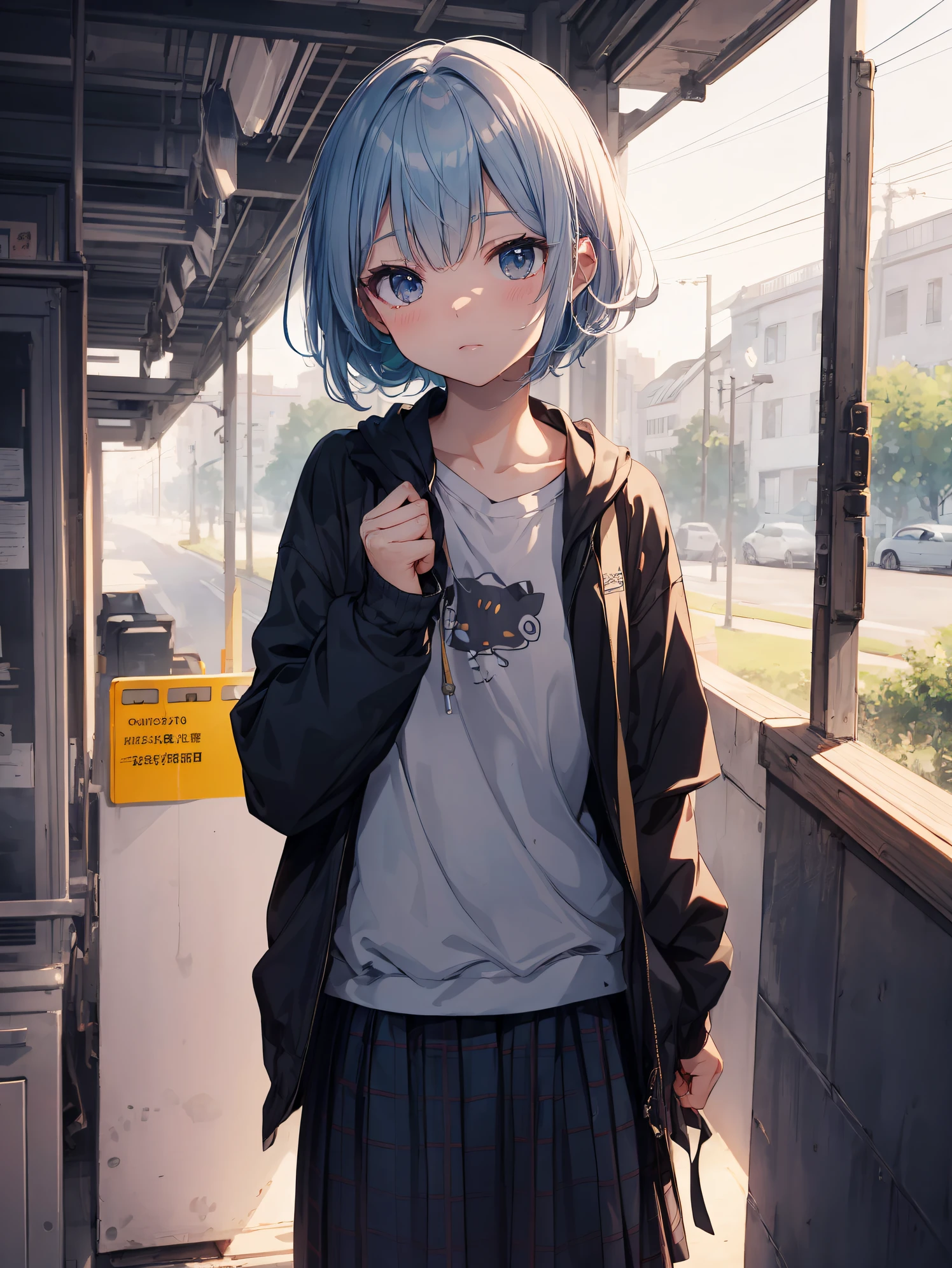 of the highest quality, anime moe art style,Best Anime 8K Konachan Wallpapers,Pixiv Contest Winner,Badass Anime 8K,Perfect Anatomy, (Draw a girl sleepily walking to school. ),BREAK, 1girl in, (Solo,Lori,,13yea:1.3),a junior gynous attraction, (Very short hair),hair messy, Full limbs, complete fingers,flat chest, Small butt, groin, Small eyes,Precise black eyes,disgusted eye, School uniform, Skirt,On the way to school. BREAK,Ultra-detailed,High resolution,super detailed skin, Professional Lighting, 8k eye details, (cool illustration:1.2),