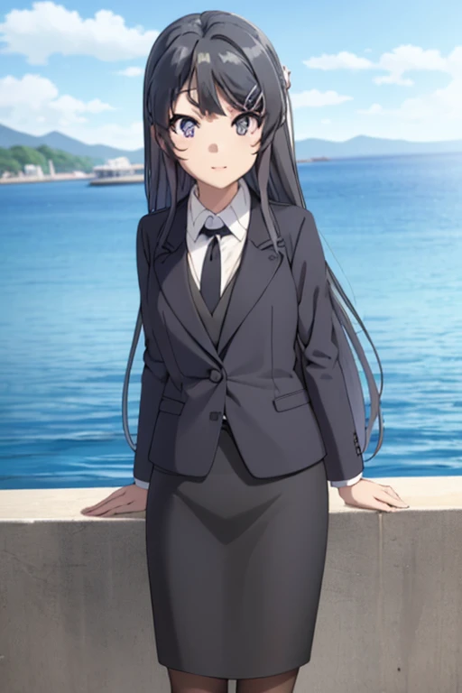 1girl, mai sakurajima, beach background, suit, office lady, black skirt, black blazer, pencil skirt, white shirt, long hair, teenager, looking at viewer, full body, smiling,