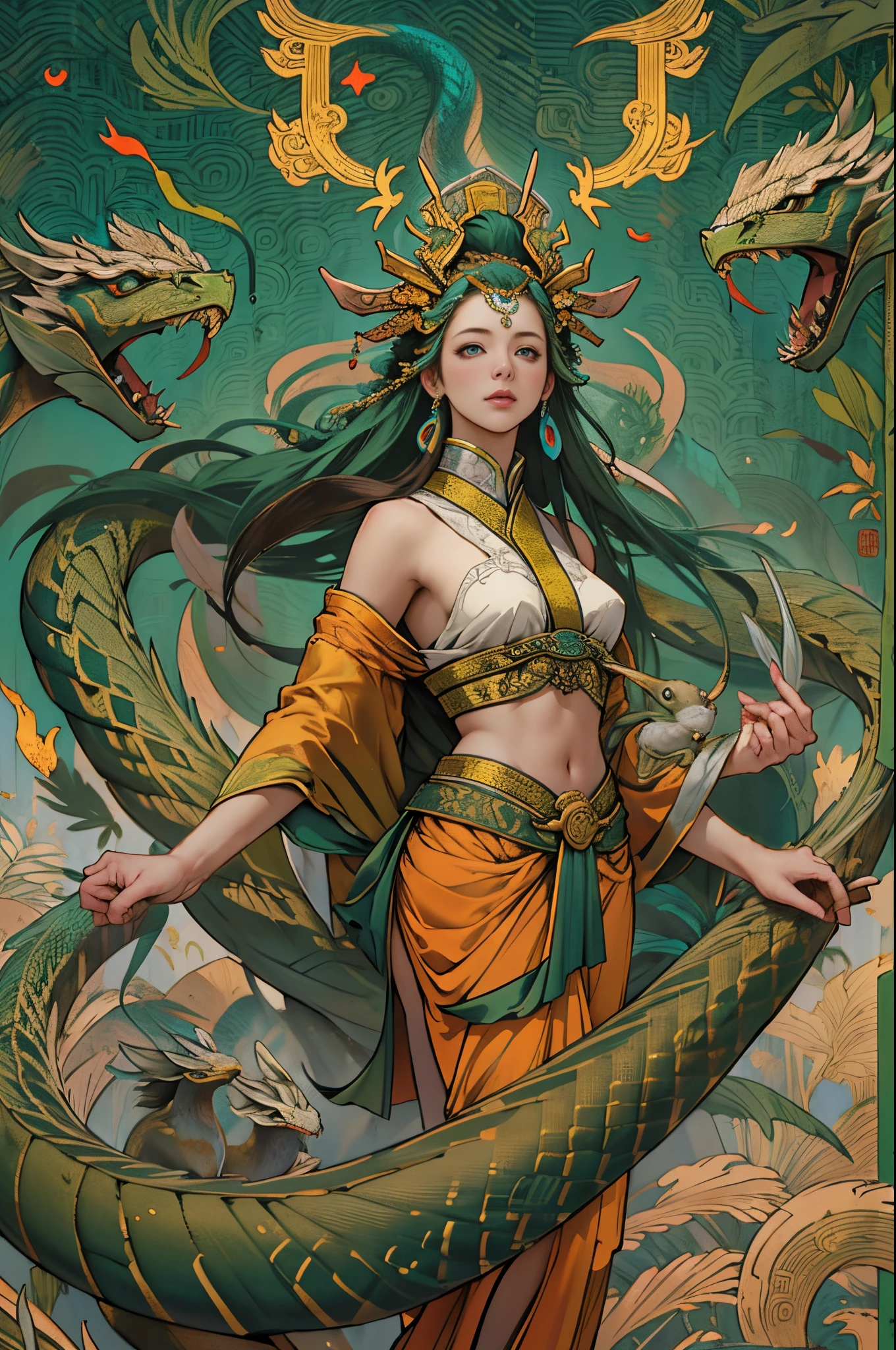 Depict an ancient goddess of creation,Nu wa,She is the goddess of creation in Chinese mythology。(goddess with human body and snake tail:1.5,snake tail:1.5),This is a great image of the goddess that has been handed down from the matriarchal clan period of primitive society。Deep background,absurderes,Fantastic and incredible,Epic composition,(Complicated details,Hyper-detailing:1.2),Ultra photo realsisim, epic realistic, ((com cores neutras)),(pastel colour:1.2), Hyper-realistic, + cinema shot + Dynamic composition, Incredibly detailed, Sharpen, Cinematic, warm lights, Light effect, Dramaticlight, (Intricate details:1.1), the complex background, (greg rutkovsky:0.8), (Teal and orange:0.3)Epic, Detailed face, Detailed eyes,fully body photo,Fly in the sky,graceful stance,correct hand,(Intricate and intricate parts:1.1),Barefoot,The image of the Great Goddess,