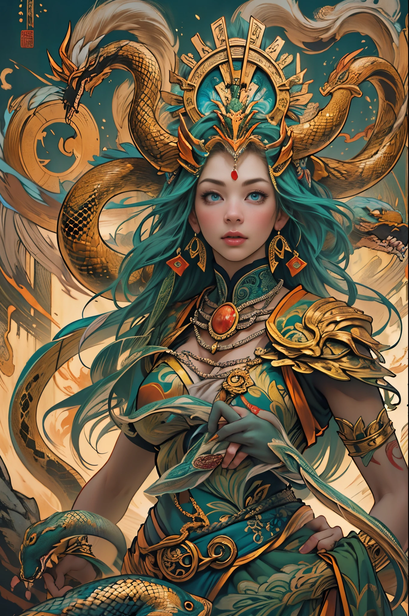 Depict an ancient goddess of creation,Nu wa,She is the goddess of creation in Chinese mythology。(goddess with human body and snake tail:1.5,snake tail:1.5),This is a great image of the goddess that has been handed down from the matriarchal clan period of primitive society。Deep background,absurderes,Fantastic and incredible,Epic composition,(Complicated details,Hyper-detailing:1.2),Ultra photo realsisim, epic realistic, ((com cores neutras)),(pastel colour:1.2), Hyper-realistic, + cinema shot + Dynamic composition, Incredibly detailed, Sharpen, Cinematic, warm lights, Light effect, Dramaticlight, (Intricate details:1.1), the complex background, (greg rutkovsky:0.8), (Teal and orange:0.3)Epic, Detailed face, Detailed eyes,fully body photo,Fly in the sky,graceful stance,correct hand,(Intricate and intricate parts:1.1),Barefoot,The image of the Great Goddess,